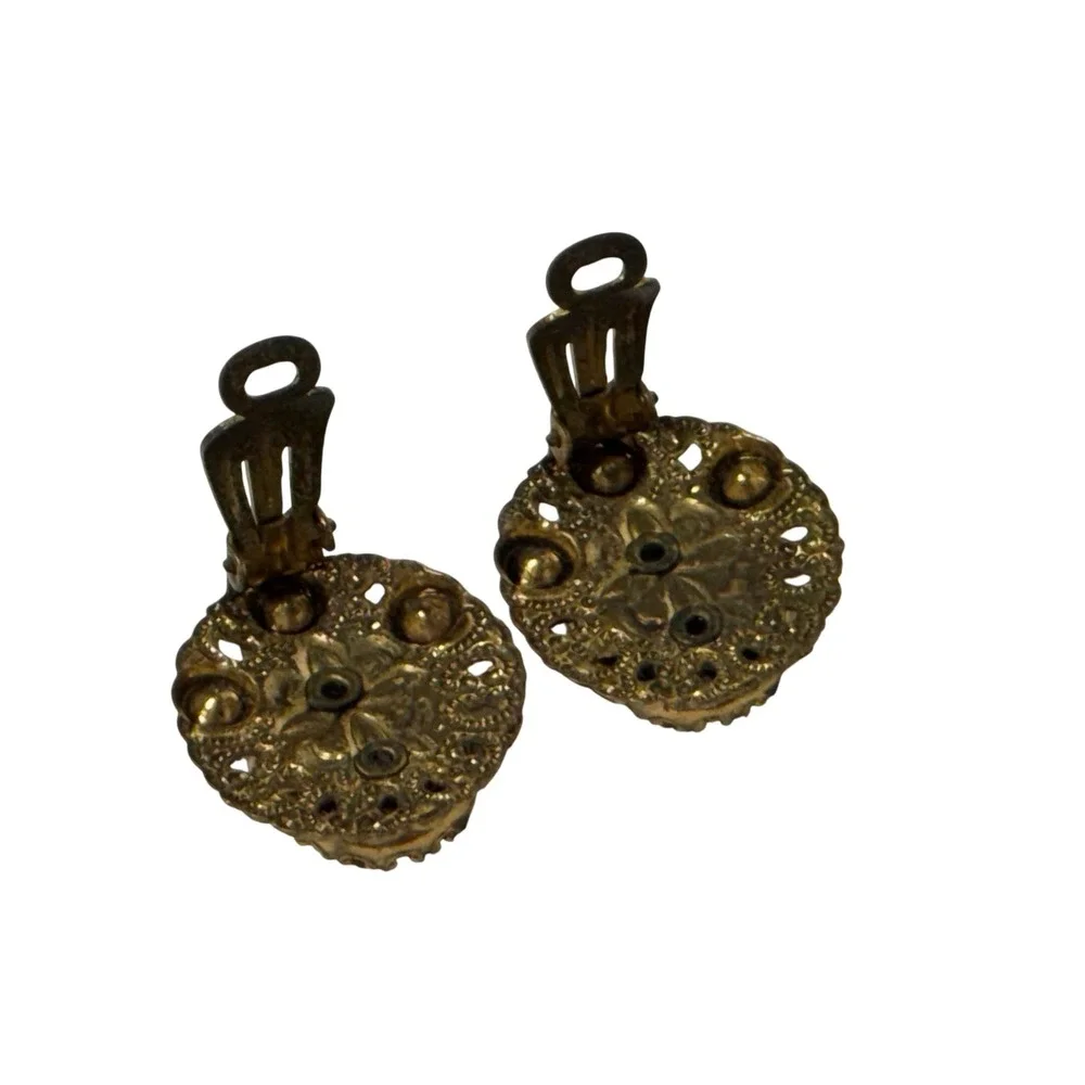 Vintage W Germany Clip On Earrings Brown‎ Jewel Faux Pearl Gold Tone Statement